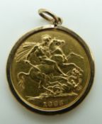 1885 Queen Victoria young head gold full sovereign in a 9ct gold pendant surround, Melbourne Mint