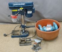 Silverline pillar drill, bench grinder, vices etc