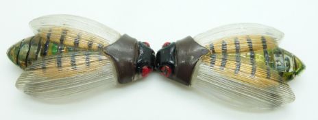 Art Deco buckle formed as a glass fly with reverse painted body and painted head, overall width