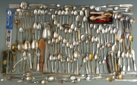 Collection of silver plated and other cutlery including collector's spoons, marrow scoop, basting