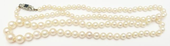 A single strand of cultured pearls with an 18ct white gold clasp set with a square cut sapphire