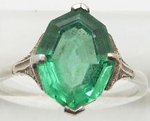 Art Deco platinum ring set with a mixed cut tourmaline and diamonds to the shoulders, 4.4g, size S