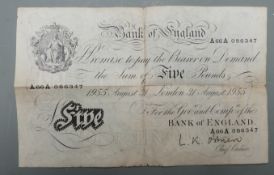 L K O'Brien 1955 white five pound note 31/8/55 no. A 66A 086347, folded, shop stamped verso