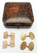 A pair of 9ct rose gold cufflinks with engine turned decoration, 2.7g and pair of rolled gold