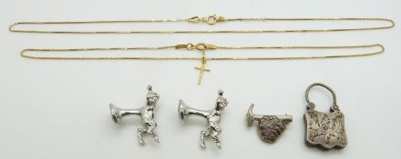 Two 18ct gold chains (5.7g), Victorian charm set with agate, silver brooch and Vivienne Westwood