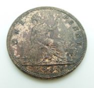 Victoria 1860 young head penny, TB LCW under shield, LC Wyon under bust, obverse. Some residual
