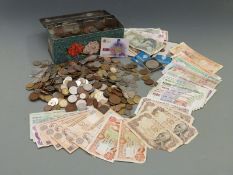 A collection of UK and overseas coins, banknotes, holiday change etc, small silver content
