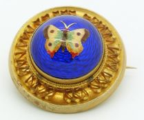 Victorian brooch set with an enamel butterfly on a blue guilloché enamel ground, verso a glass