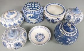 Four Chinese blue and white ginger jars, a Chinese blue and white bowl, a Chinese flower pot and a