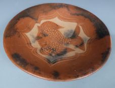Studio pottery large charger/ shallow dish with fish decoration, diameter 48cm