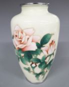 Japanese cloisonné vase with decoration depicting a rose and white metal mounts, 18cm tall