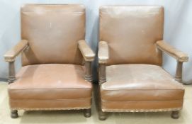 A pair of oak framed war department, birch and maple arm chairs marked 'Birch and Alpf, 1953, WD'