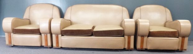 Art Deco three piece suite, sofa width 146cm