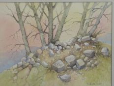 H Royston Hudson, watercolour of outcrop of trees at sunrise, 32 x 42cm, framed and glazed