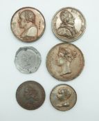 A group of Victorian silvered medals, some bust side only, and a bust on metal Maria II Portugal