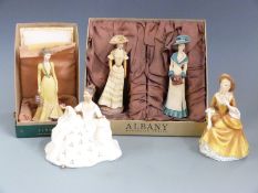 Three Albany, Worcester porcelain figures from the Edwardian Series, in boxes, and two Royal Doulton
