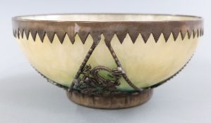 Chinese hardstone bowl with metal mounts depicting a dragon, 10.8cm x 4.8cm