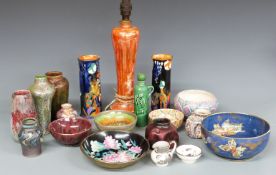 Ruskin pottery lamp, Bretby bowls, Art Deco vases etc, tallest 25cm