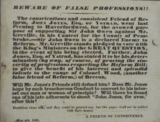 William IV Welsh political flyer relating to John Jones of Ystrad, Sir John Owen and Mr Greville,