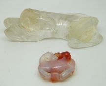 Chinese rock crystal carving of a recumbent horse and an agate model of a monkey and horse