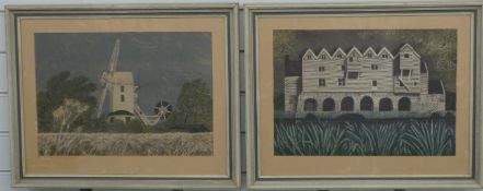 David Gentleman pair of coloured prints of Saxted windmill and Coltishall watermill, each 30 x 43cm