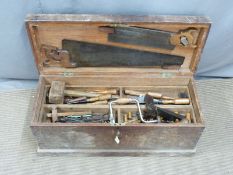Victorian tool box with layered and fitted interior, with woodworking / carving chisels and brass
