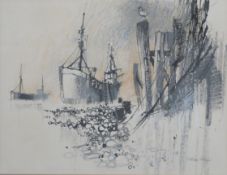 Patrick Collins pastel / mixed media boats at low tide with lone seagull, 27 x 36cm, framed and