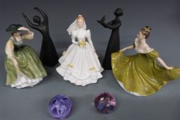 Royal Doulton figures including Bride (white), Caithness paperweights etc, tallest 27cm