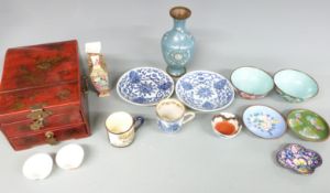 Chinese cloisonné vase depicting bats, Chinese enamel bowls, Japanese Satsuma cup, Chinese famille
