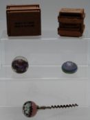 William Manson small 'weight in a crate' box, Vasart corkscrew etc