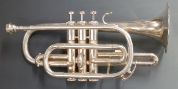 Amati 'Corton' silver plated cornet, reg no 750907, in fitted carry case