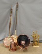 Copper coal scuttle, companion set and two warming pans