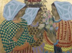 Pre-Raphaelite style mixed media and gilt painting of three women holding flowers, indistinctly