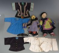 A collection of 19thC Chinese dolls clothes and two Chinese dolls