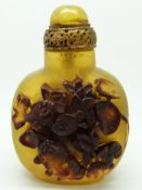 Chinese 19thC lacquer scent bottle with raised decoration depicting carp and lily pads, 8cm tall