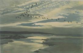 Peter Scott (1909-1989) signed print birds over river at sunset 1937, 25 x 38cm, framed and glazed