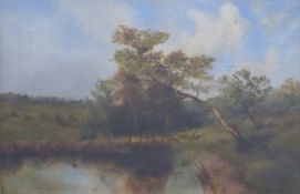 Victorian oil on canvas of a lake scene, signed lower right M Brown, 28 x 43cm, framed and glazed