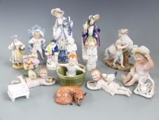 Continental bisque piano babies, further Continental and Staffordshire figures etc, tallest 24cm
