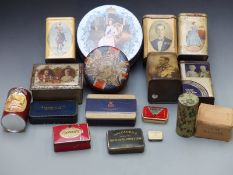 A quantity of vintage advertising and commemorative tins including Lyons, Cerebos, commemorative