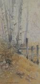 H Royston Hudson watercolour of fence through forest, 47 x 23cm, framed and glazed