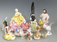 Royal Doulton figures including Monica, Bo-Peep, Goody Two Shoes, Picnic etc, Goebel birds,