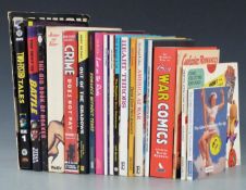 Twenty crime, war and romance related comic and similar books including The Big Book of Hoaxes,