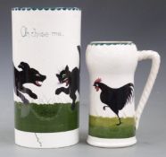 The Bristol Cat and Dog Pottery large cylindrial vase hand painted with a cat and dog scene entitled