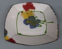 Janice Tchalenko pottery pedestal charger with yellow, red and green decoration