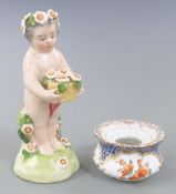 Dresden inkwell and a figure with anchor mark to base, H10cm