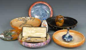 Two Wilkinsons large pedestal lustre fruit bowls, Grimwades bowl, vases including Crown Ducal,