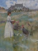 Percy C Bovill (Newlyn School, 1883-1907) oil on canvas lady feeding turkeys with farm beyond,