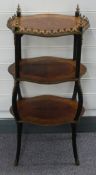 French inlaid three tier whatnot with ebonised bentwood legs and ormolu mounts, W42 x H83cm