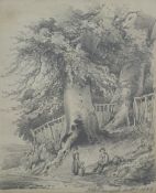 Henry William Burgess  (1792-1839) pencil drawing of travellers resting beneath a tree, signed and