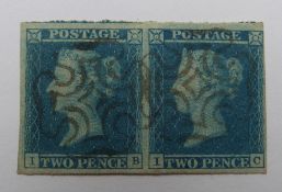 1841 2d Blue, IB and IC, 4 margins, good used pair, black Maltese cross